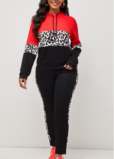 Rosewe Hooded Collar Drawstring Black Leopard Sweatsuit Set - 2XL