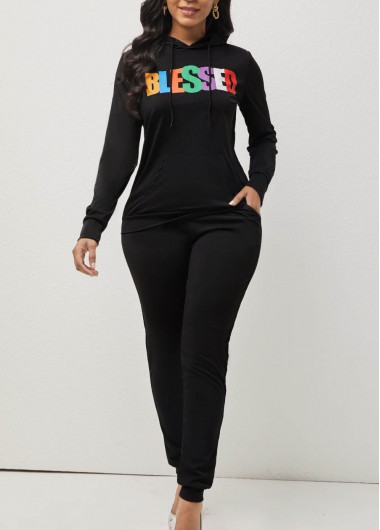 Rosewe Black Letter Print Hooded Collar Sweatsuit Set - L