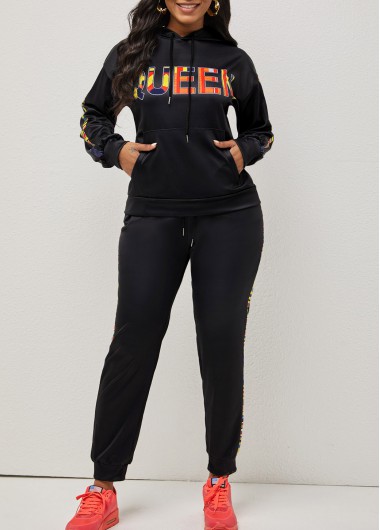 Rosewe Black Letter Print Long Sleeve Hooded Collar Sweatsuit Set - 3XL