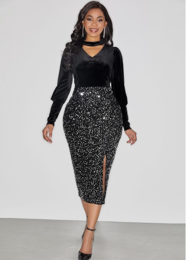 Rosewe Black Dresses Velvet Stitching Side Slit Sequin Black Dress - M