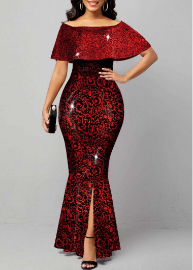 Rosewe Cocktail Party Dress Sleeve Front Hot Stamping Front Slit Hem Mermaid Dress - S