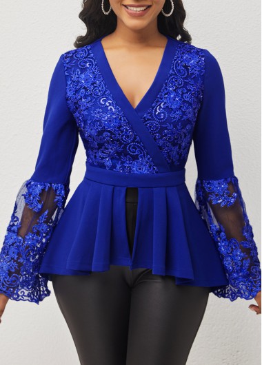 Rosewe Lace Stitching Royal Blue Flare Sleeve Blouse - M