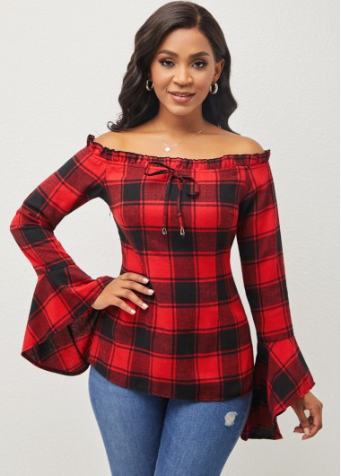 Rosewe Off Shoulder Trumpet Cuff Plaid Red Blouse - M