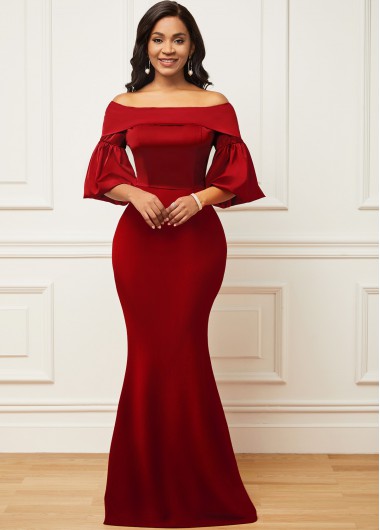 Rosewe Cocktail Party Dress Off Shoulder Lantern Sleeve Red Mermaid Dress - M
