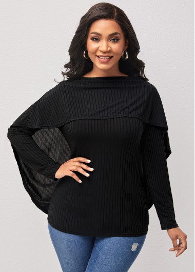 Rosewe Cape Sleeve Black Boat Neck T Shirt - S