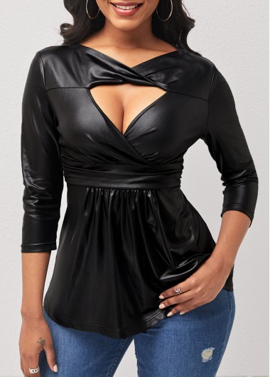 Rosewe Twist Front Faux Leather 3/4 Sleeve Black T Shirt - S