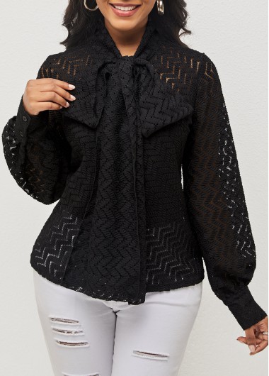 Rosewe Pierced Tie Front Black Lantern Sleeve Blouse - XXL