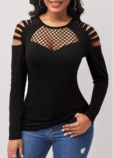 Rosewe Ladder Cutout Black Long Sleeve T Shirt - M