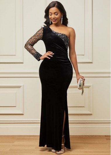 Rosewe Black Dresses Black Sequin Velvet Stitching One Shoulder Dress - XL
