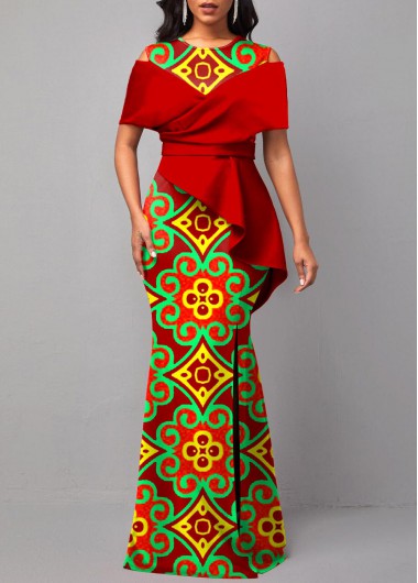 Rosewe Cocktail Party Dress Side Slit Short Sleeve Tribal Print Dress - S