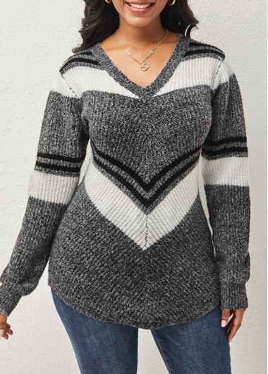 Rosewe Trendy V Neck Long Sleeve Grey Sweater - S