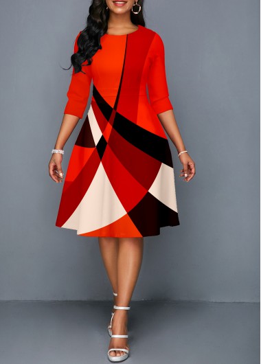 Rosewe 3/4 Sleeve Geometric Print Round Neck Dress - S