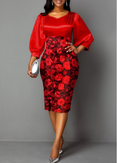 Rosewe Red Dresses 3/4 Sleeve Hot Stamping Bodycon Dress - S