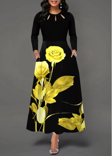 Rosewe Black Dresses Double Side Pockets Round Neck Floral Print Dress - M
