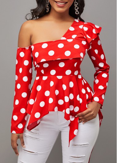 Rosewe Asymmetric Hem Polka Dot Red T Shirt - M
