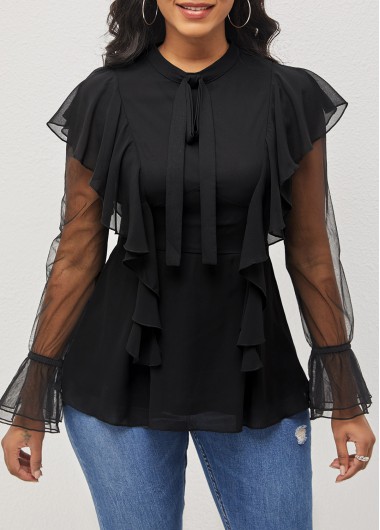 Rosewe Black Flounce Long Sleeve Chiffon Blouse - XL