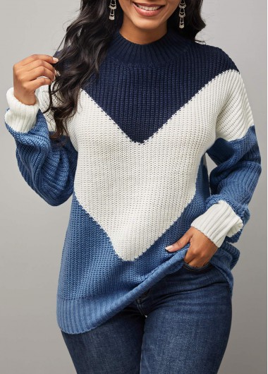 Rosewe Trendy Color Block Long Sleeve Round Neck Sweater - L