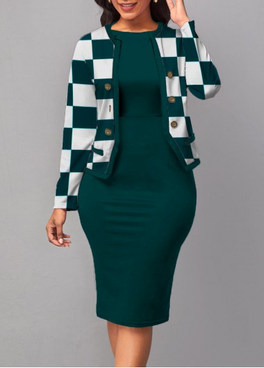 Rosewe Cocktail Party Dress Round Neck Checkered Print Long Sleeve Two Piece Dress - S