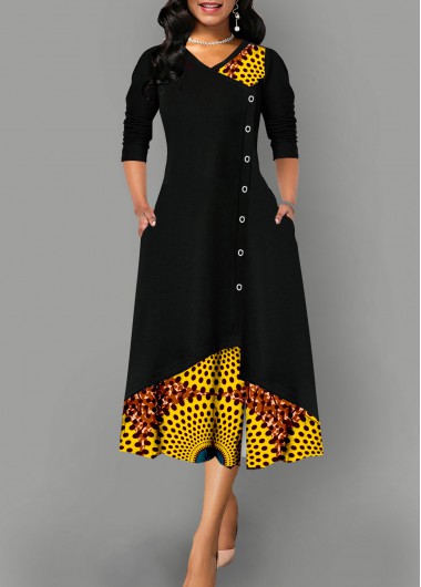 Rosewe Black Dresses Polka Dot Decorative Button Long Sleeve V Neck Dress - M