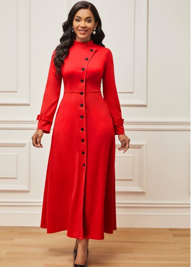 Rosewe Cocktail Party Dress Red Double Side Pockets Single Breasted Dress - M