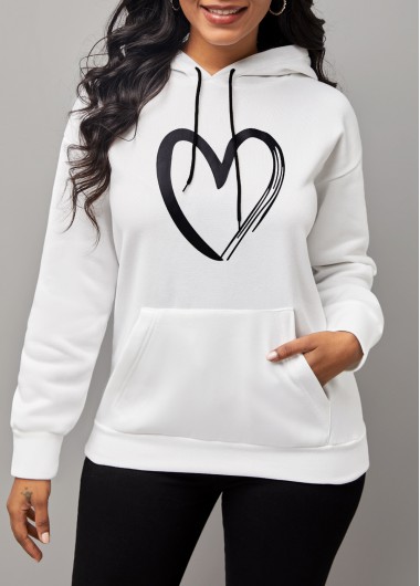 Rosewe White Heart Print Long Sleeve Hoodie - S