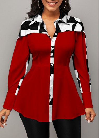 Rosewe Turndown Collar Red Button Up Geometric Print Blouse - M