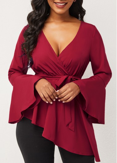 Rosewe Red Asymmetric Hem Flare Sleeve Tie Side Blouse - S