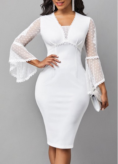 Rosewe White Dresses Flare Sleeve Mesh Stitching White Bodycon Dress - XXL