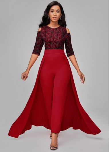 Rosewe Red Cold Shoulder Lace Stitching Jumpsuit - XL