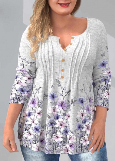 Rosewe Grey Plus Size Floral Print T Shirt - 3X