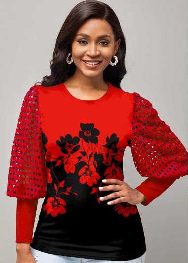 Rosewe Puff Sleeve Round Neck Floral Print T Shirt - M