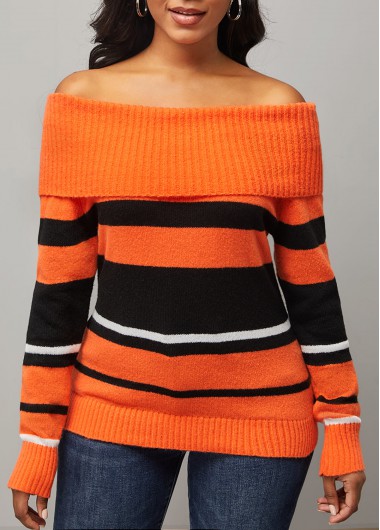 Rosewe Trendy Striped Off Shoulder Long Sleeve Orange Sweater - L