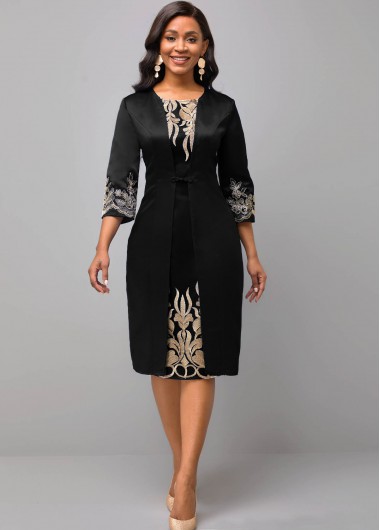 Rosewe Black Dresses 3/4 Sleeve Black Round Neck Embroidered Dress - M
