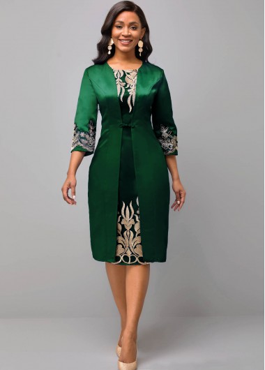 Rosewe Cocktail Party Dress Round Neck 3/4 Sleeve Green Embroidered Dress - L