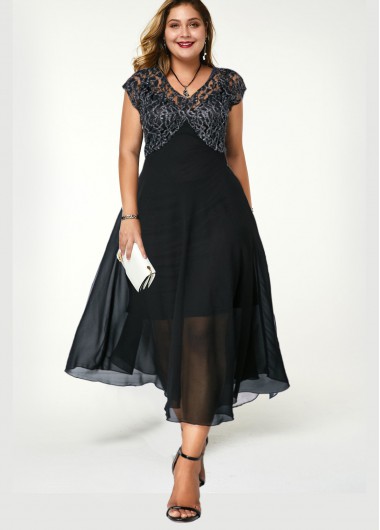 Rosewe Plus Size Lace Stitching Black V Neck Dress - 3X