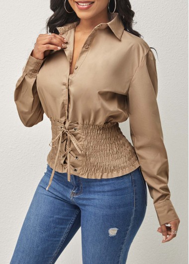 Rosewe Light Khaki Smocked Lace Up Turndown Collar Blouse - 2XL