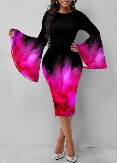 Rosewe Black Dresses Black Colorful Print Flare Sleeve Dress - M