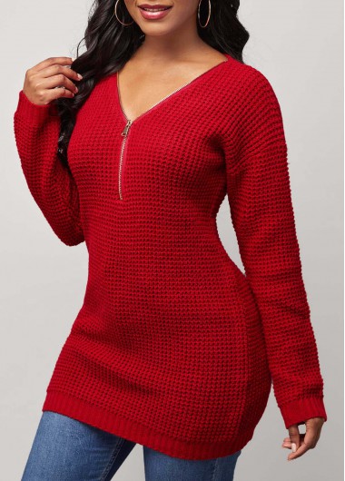 Rosewe Trendy Zipper Detail V Neck Red Long Sleeve Sweater - M