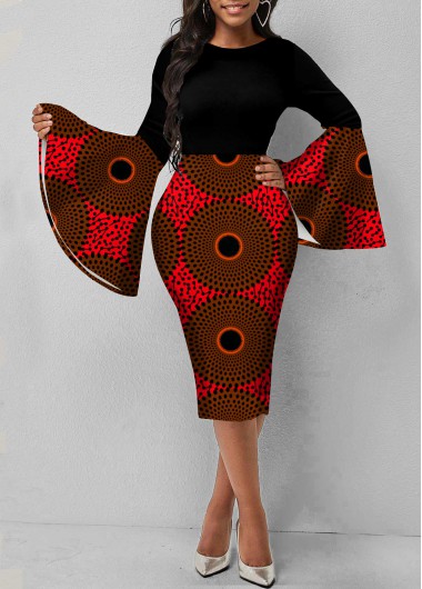 Rosewe Cocktail Party Dress Long Sleeve Round Neck Tribal Print Dress - S