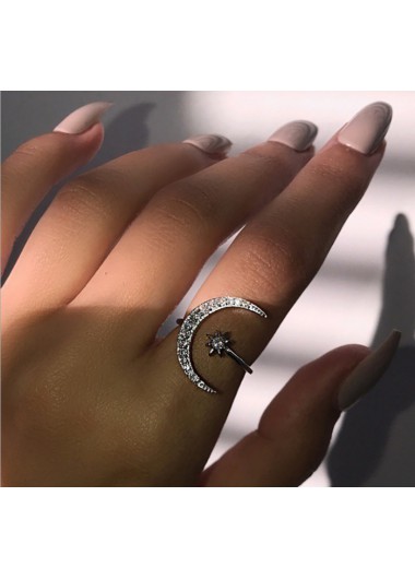 Rosewe Stylish Rhinestone Moon and Star Design Silver Ring - One Size