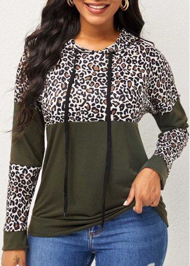 Rosewe Leopard Army Green Drawstring Long Sleeve Hoodie - M