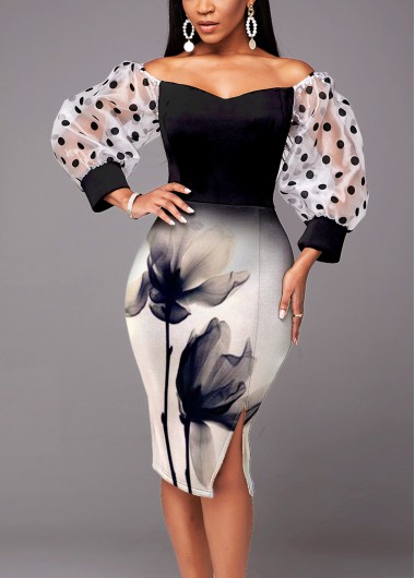 Rosewe Black Dresses Polka Dot Off Shoulder 3/4 Sleeve Black Dress - XL