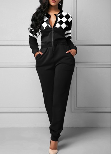 Rosewe Checkered Print Black Quarter Zip Jumpsuit - XXL