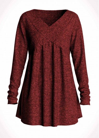 Rosewe Burgundy V Neck Long Sleeve Sweatshirt - 3X