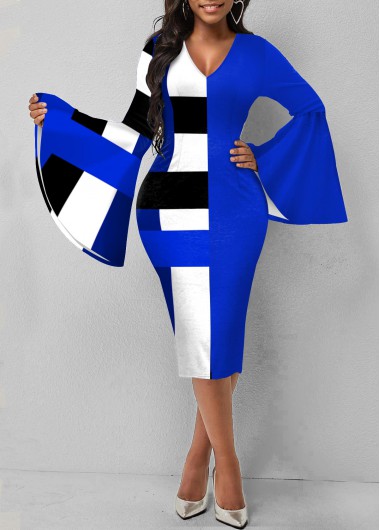 Rosewe Cocktail Party Dress Geometric Print Flare Sleeve Blue Dress - M