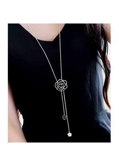 Rosewe Fashion Metal Black Rhinestone Detail Floral Design Necklace - One Size