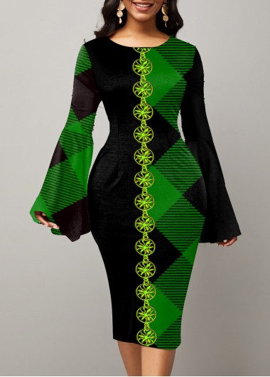 Rosewe Cocktail Party Dress Christmas Plaid Color Block Flare Sleeve Dress - M