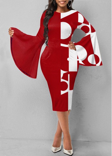 Rosewe Red Dresses Geometric Print Flare Sleeve Round Neck Red Dress - L