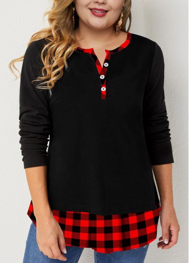 Rosewe Red Plus Size Christmas Plaid Print Split Neck T Shirt - 2X