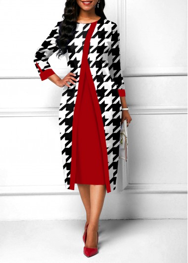 Rosewe Cocktail Party Dress Houndstooth Print Round Neck Color Block Dress - S
